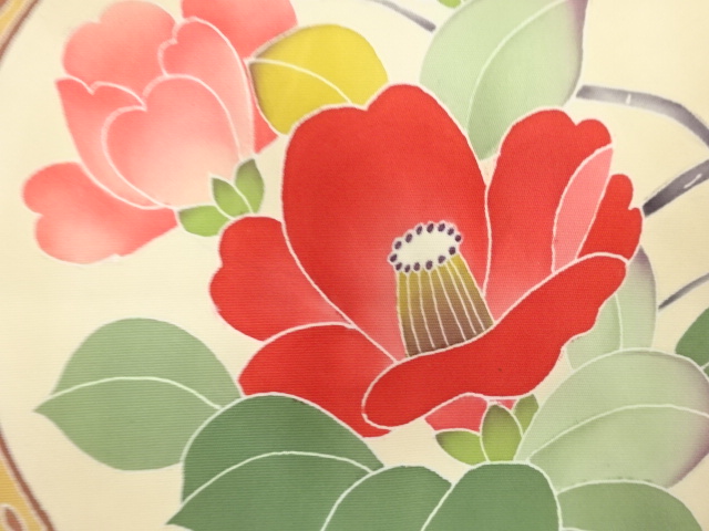  作家物　塩瀬　手描友禅　椿模様　名古屋帯